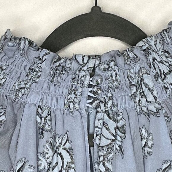 Rebecca Taylor Smocked Neck Silk Blend Rose Print Blouse‎ Light Blue Metallic 10 - Picture 6 of 11